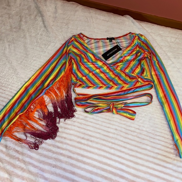 NWT Rainbow Striped Fringe Long Sleeve Wrap Top - Picture 2 of 4